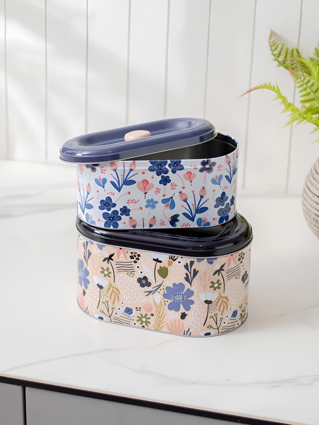 

THEDECORKART Blue & Peach-Coloured 2 Pieces Metal Food Containers
