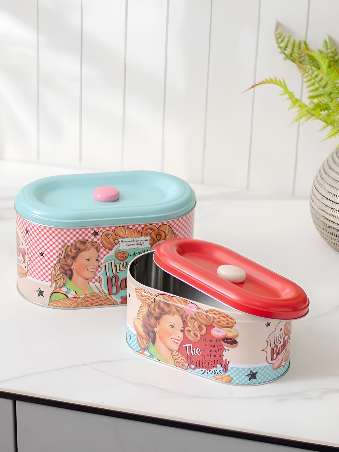 

THEDECORKART Red & Blue 2 Pieces Metal Food Containers