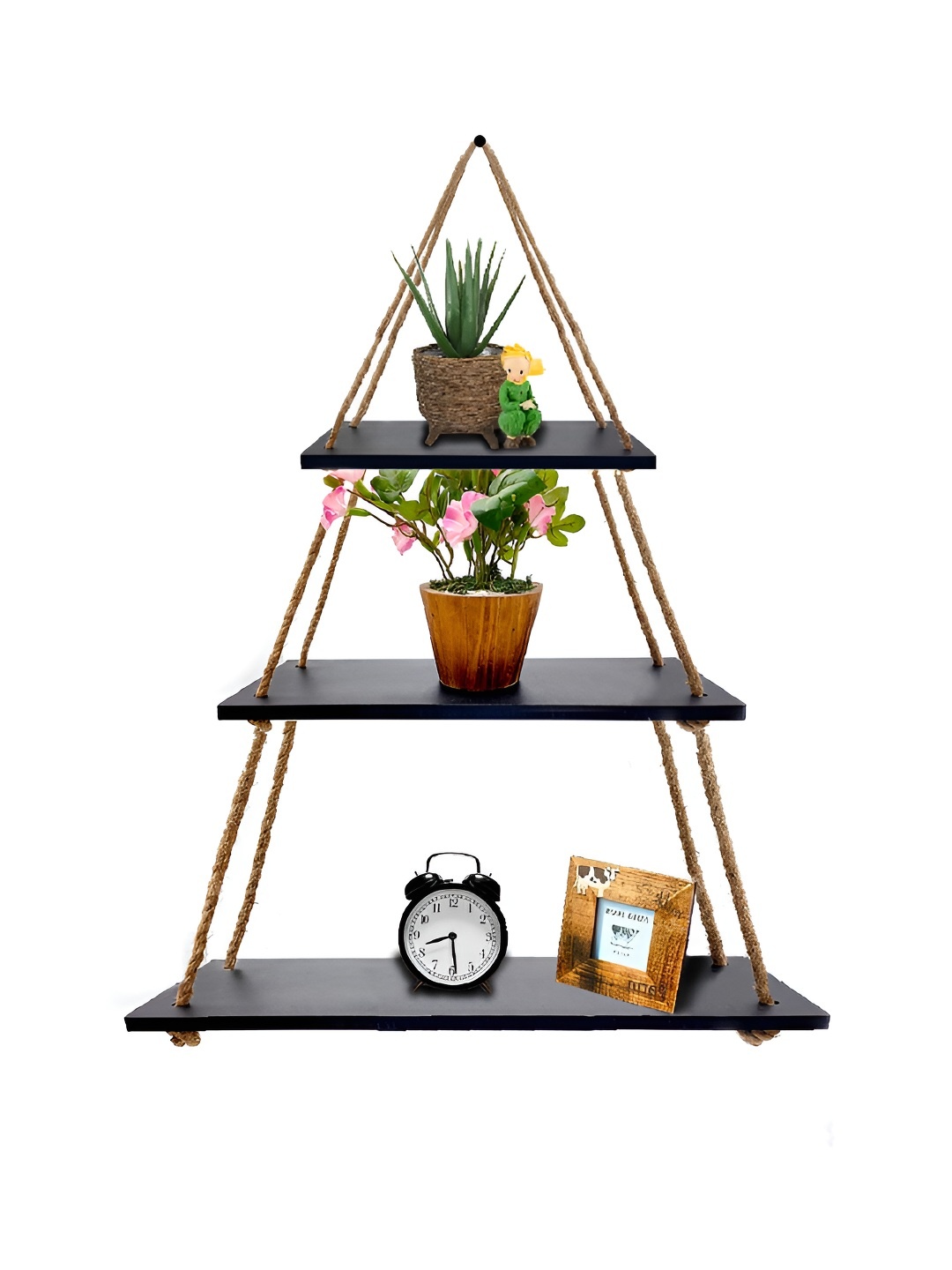 

VAH Kya Bat Hai !! Black & Brown Wood & Rope 3Tier Floating Wall Shelve