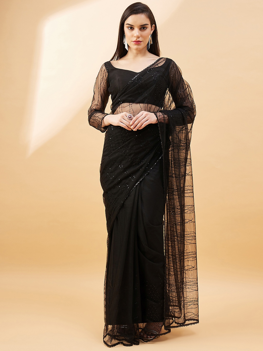 

all about you Embellished Sequinned Net Saree, Black