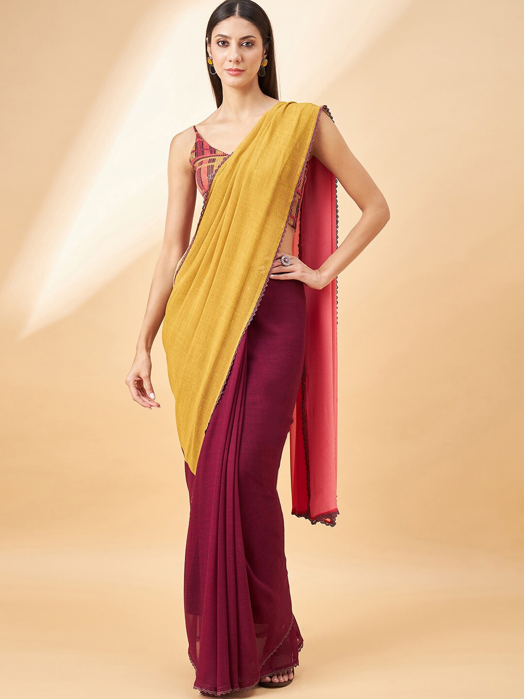 

all about you Ombre Embellished Border Pure Georgette Saree, Beige