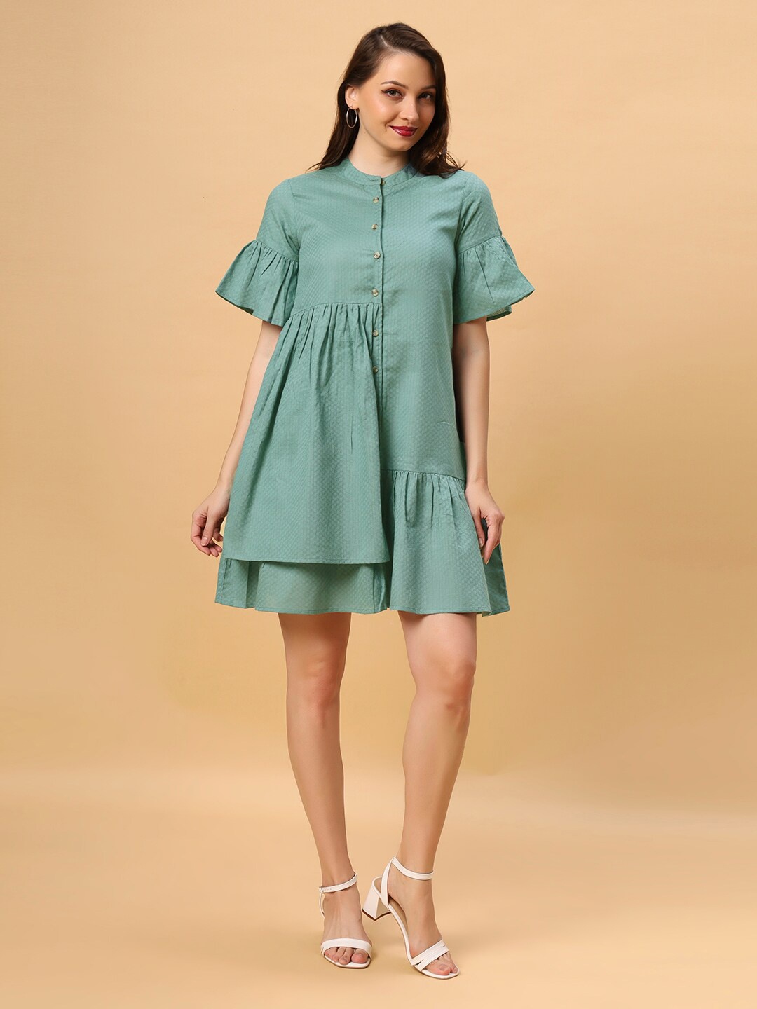 

DressBerry Green Bell Sleeves Layered A-Line Above Knee Dress