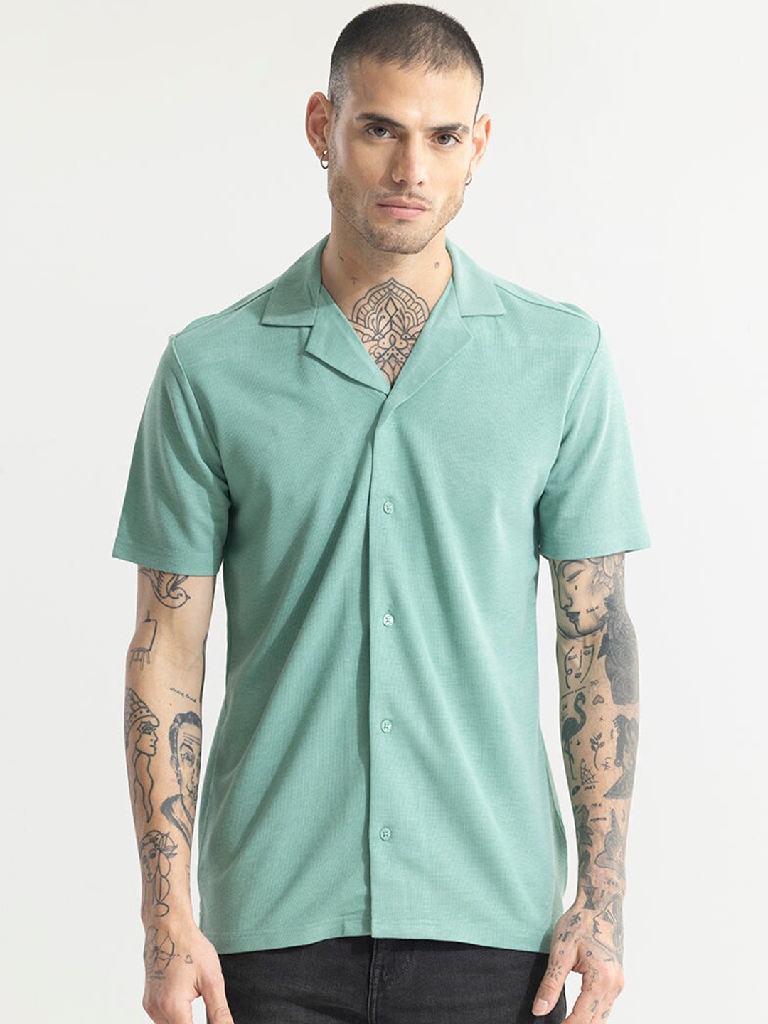 

Snitch Green Classic Boxy Textured Cuban Collar Casual Shirt