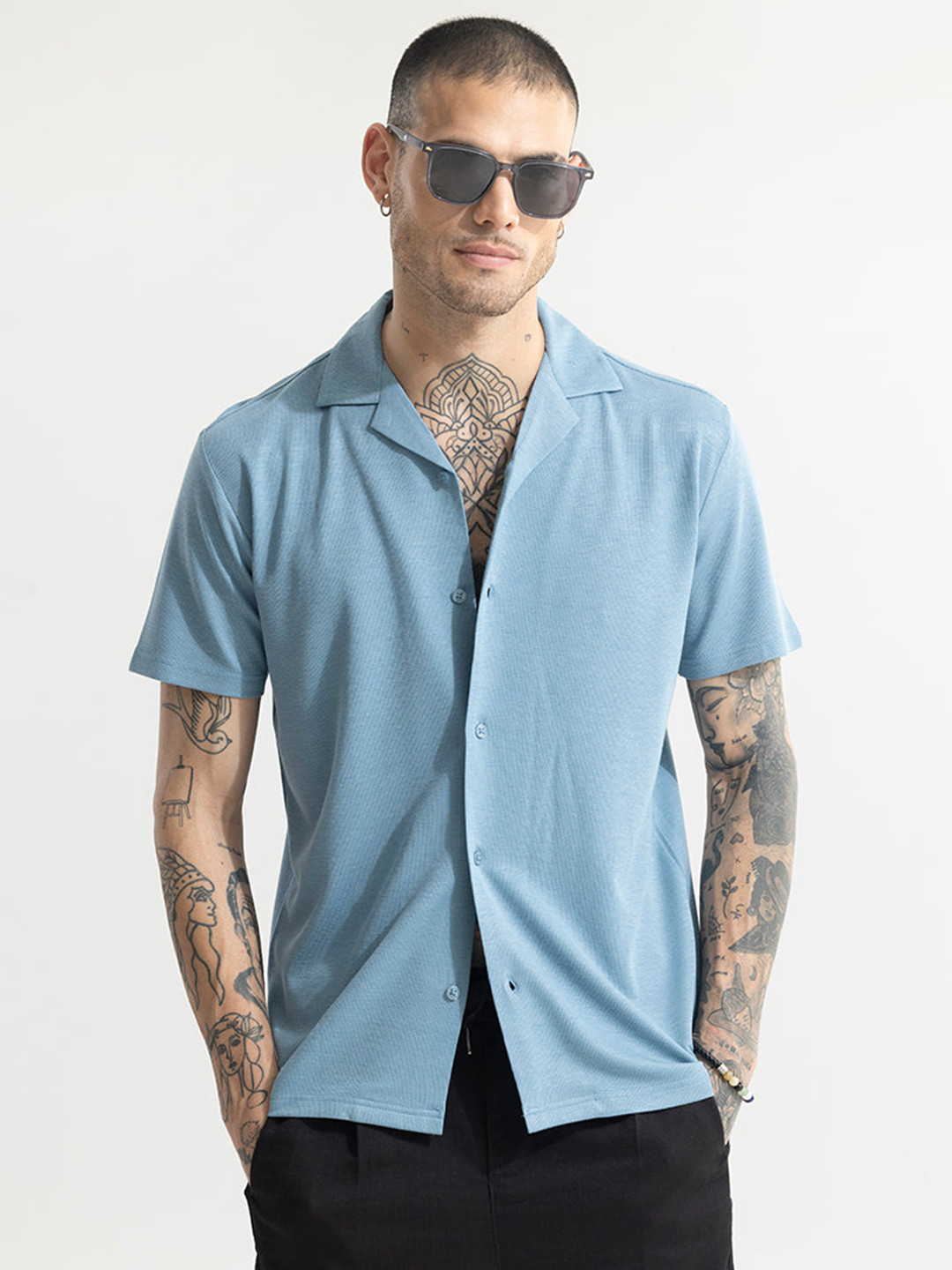 

Snitch Classic Boxy Cuban Collar Casual Shirt, Blue