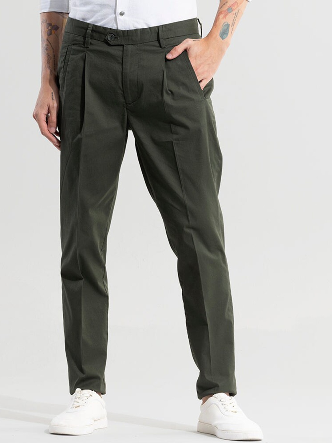

Snitch Men Green Smart Slim Fit Mid Rise Cotton Trousers