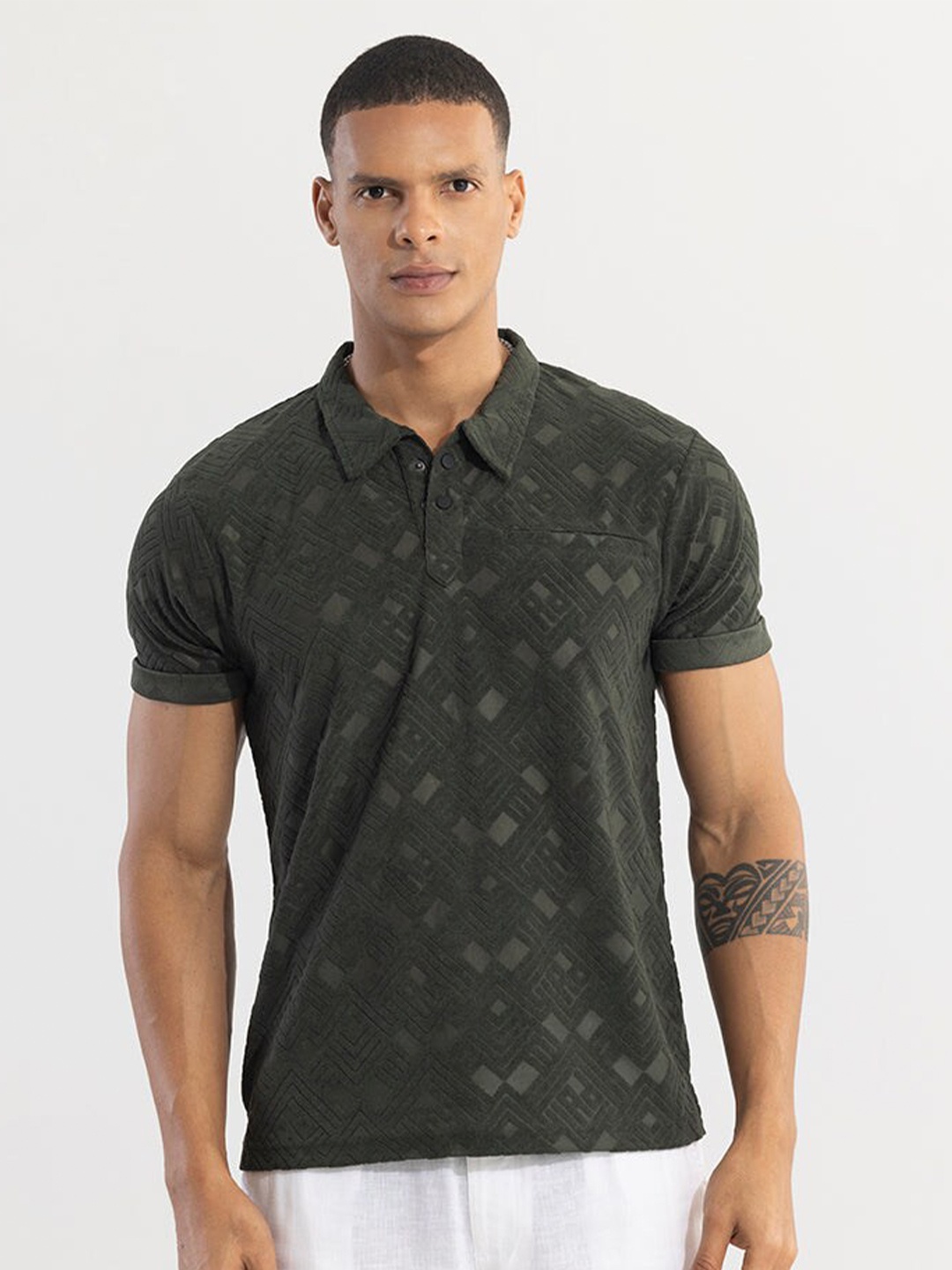 

Snitch Self Design Polo Collar Casual T-shirt, Olive