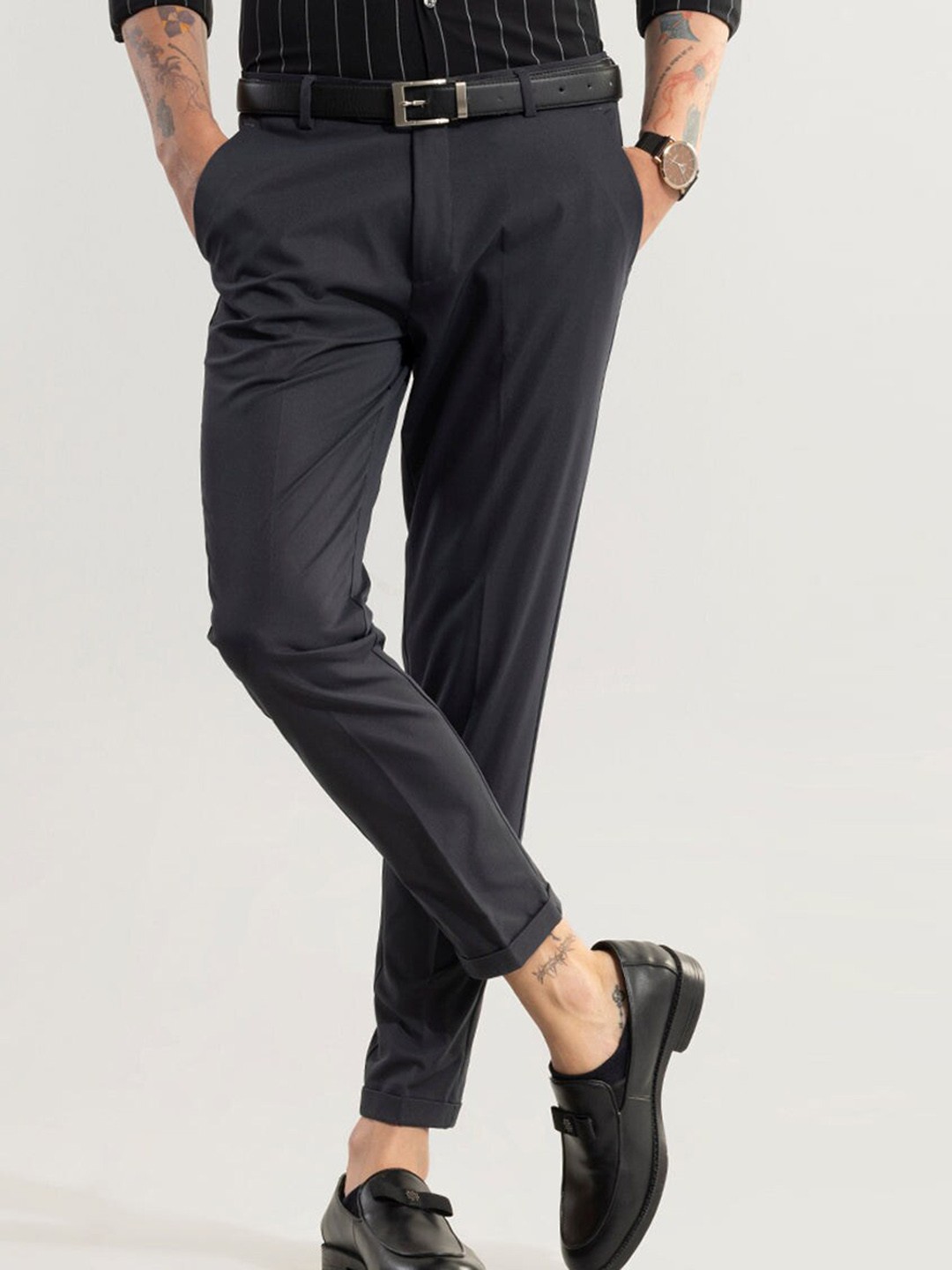 

Snitch Grey Men Smart Slim Fit Cotton Trousers