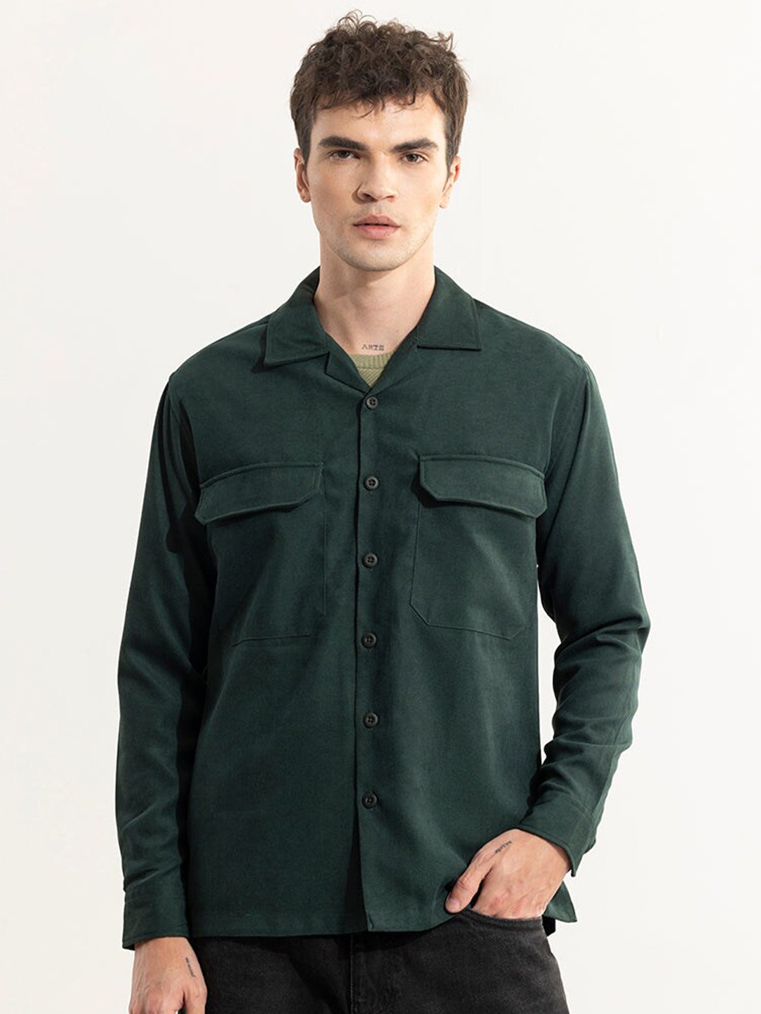 

Snitch Grey Classic Oversized Cuban Collar Long Sleeves Casual Shirt, Green