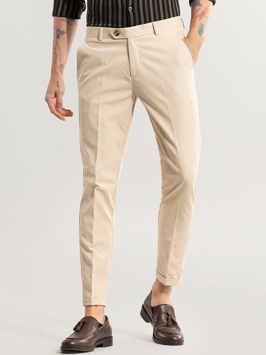 

Snitch Men Beige Smart Slim Fit Cotton Chinos Trousers