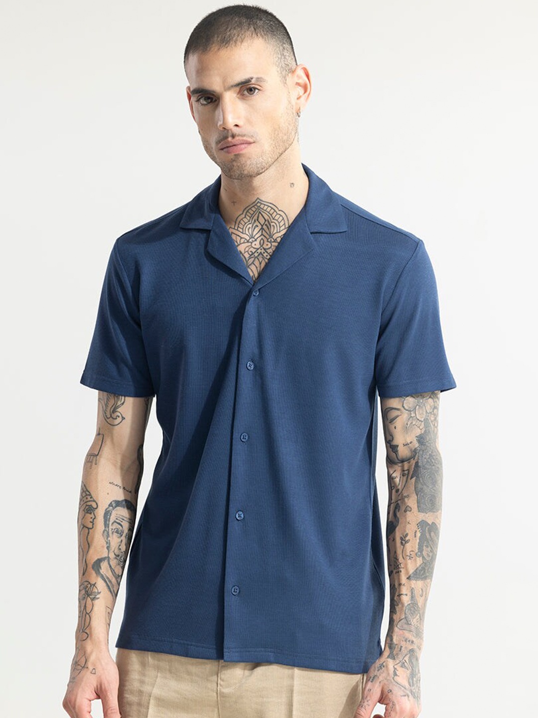 

Snitch Blue Cuban Collar Classic Boxy Casual Shirt