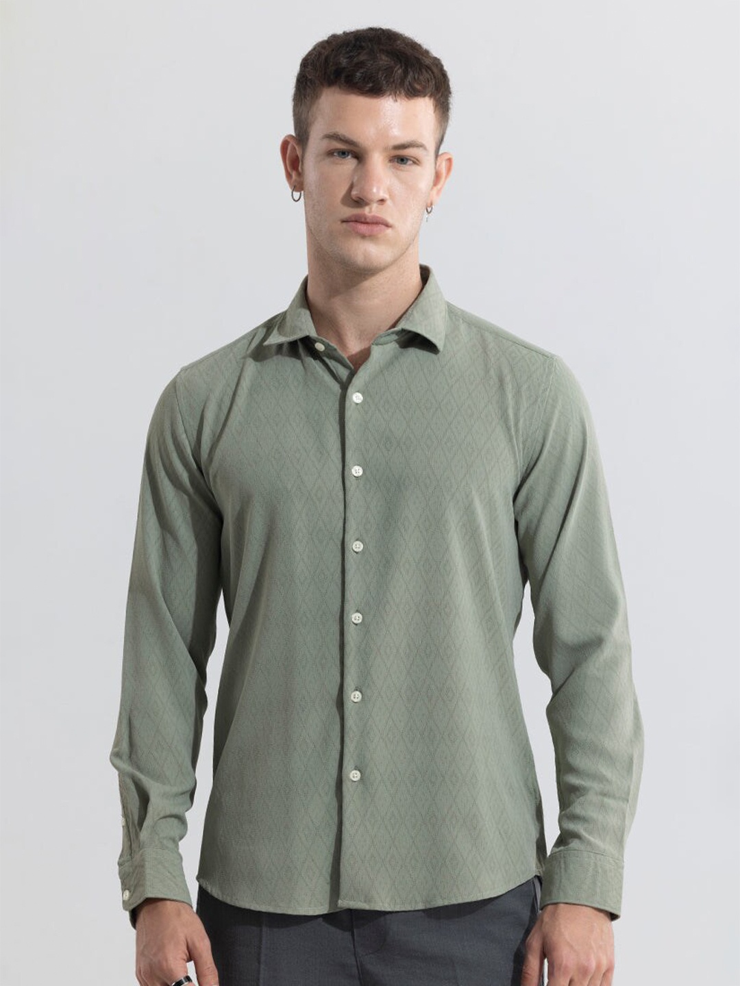 

Snitch Green Self Design Textured Classic Slim Fit Casual Shirt