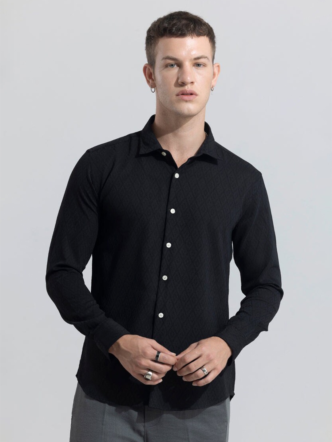 

Snitch Black Self Design Textured Classic Slim Fit Casual Shirt