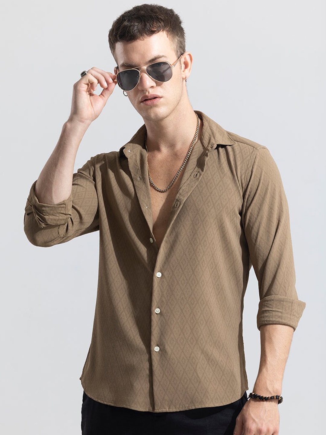 

Snitch Brown Classic Slim Fit Spread Collar Casual Shirt