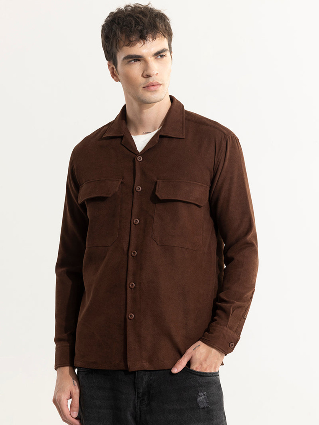 

Snitch Classic Tailored Fit Textured Cuban Collar Shacket, Brown