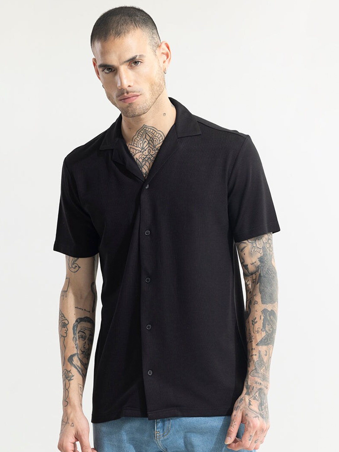 

Snitch Black Classic Boxy Cuban Collar Casual Shirt