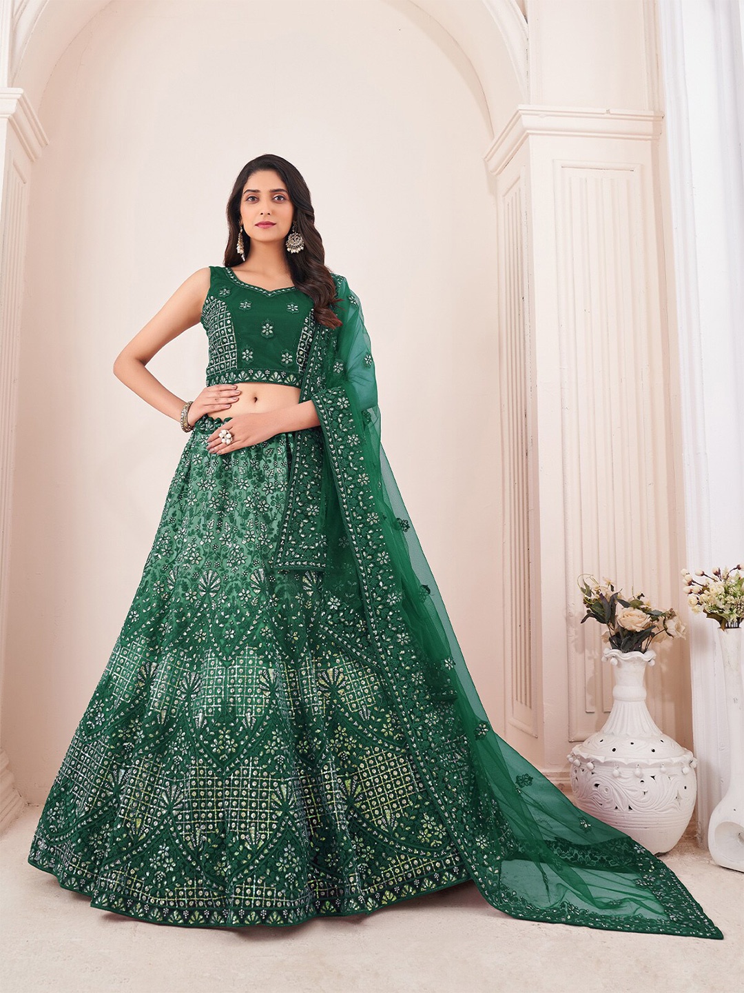 

ODETTE Embroidered Sequinned Net Semi Stitched Lehenga & Unstitched Blouse With Dupatta, Green