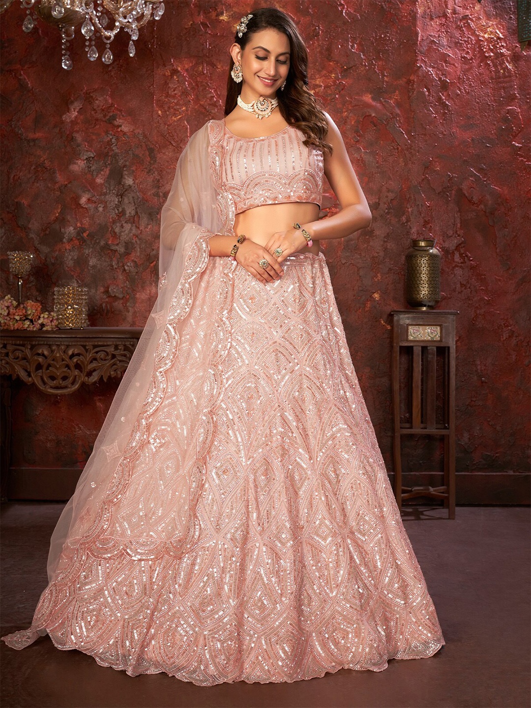 

ODETTE Embellished Sequinned Semi-Stitched Lehenga & Unstitched Blouse With Dupatta, Peach