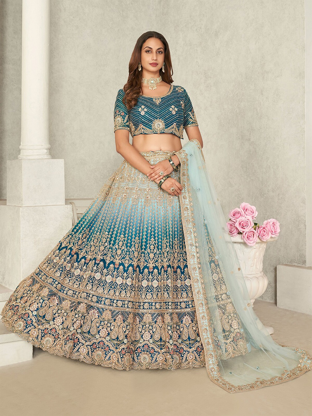 

ODETTE Embroidered Thread Work Semi-Stitched Lehenga & Unstitched Blouse With Dupatta, Blue