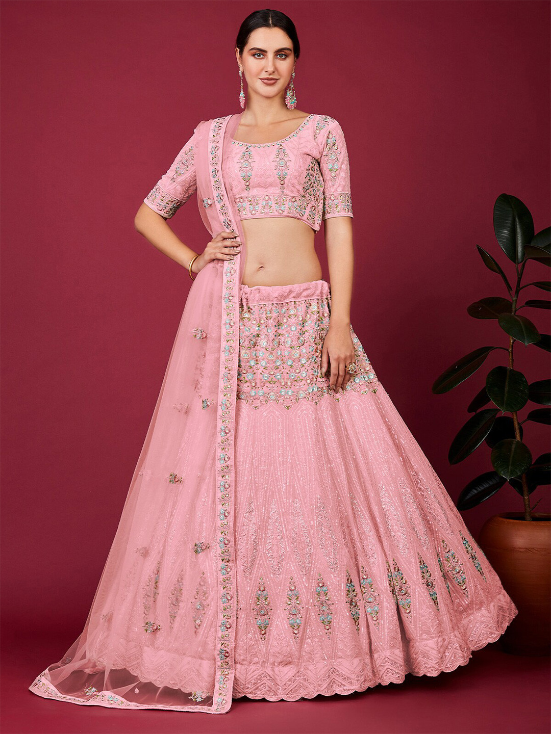 

ODETTE Embellished Sequinned Semi-Stitched Lehenga & Unstitched Blouse With Dupatta, Pink