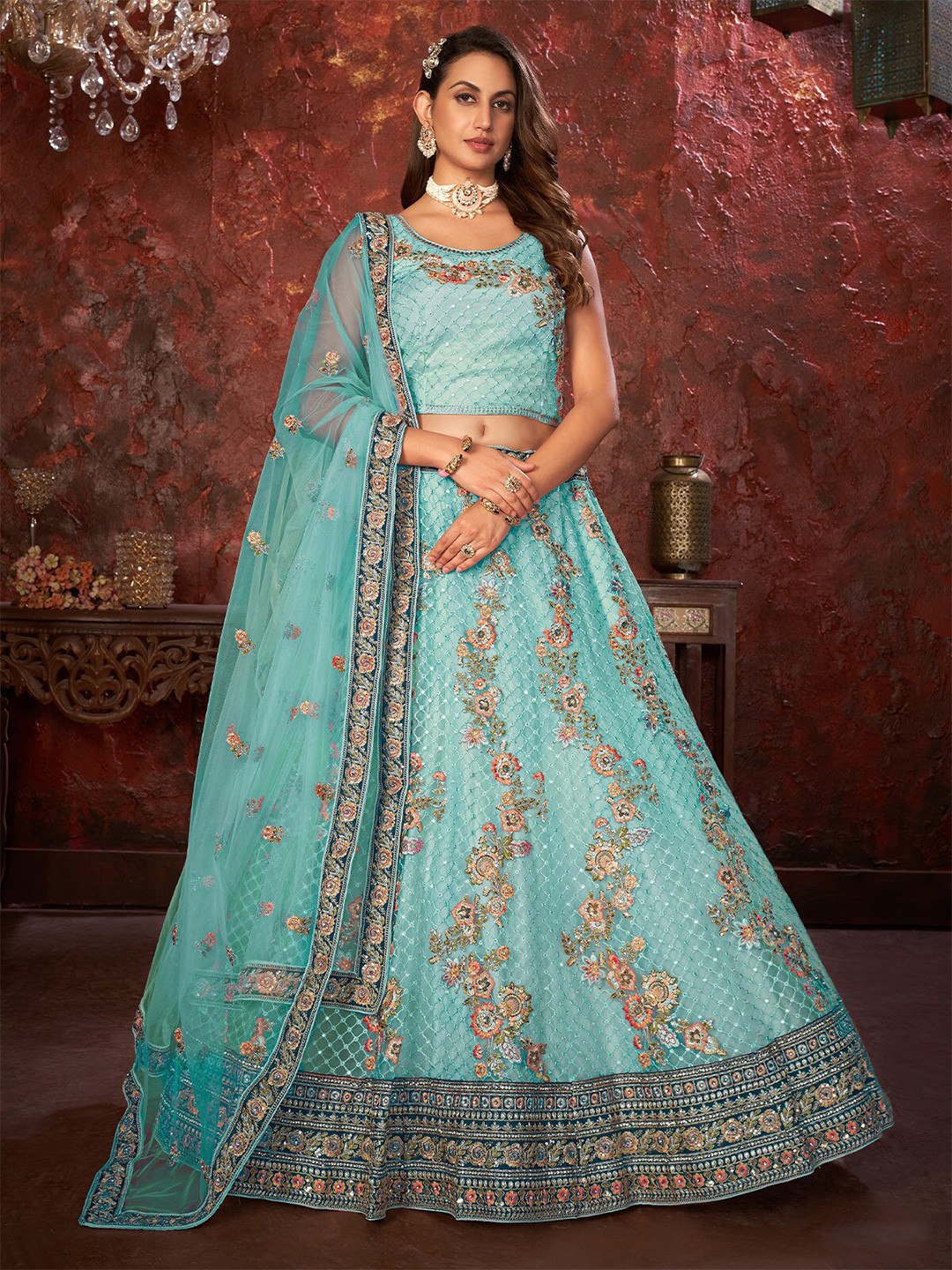 

ODETTE Embroidered Thread Work Semi-Stitched Lehenga, Blue