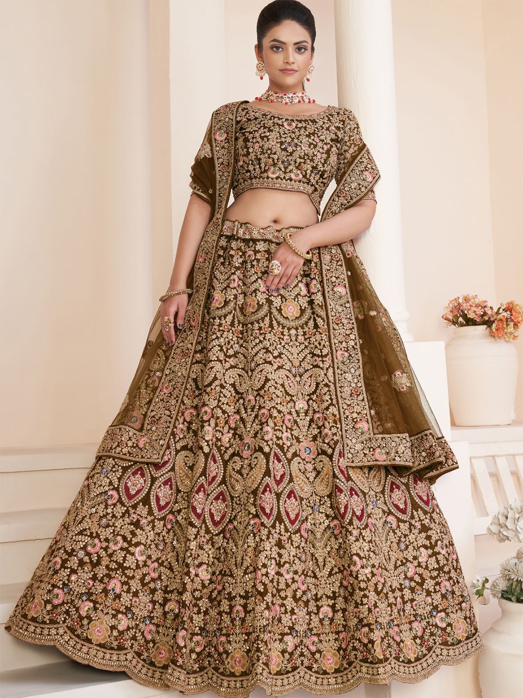 

ODETTE Embroidered Sequinned Net Semi-Stitched Lehenga & Unstitched Blouse With Dupatta, Brown