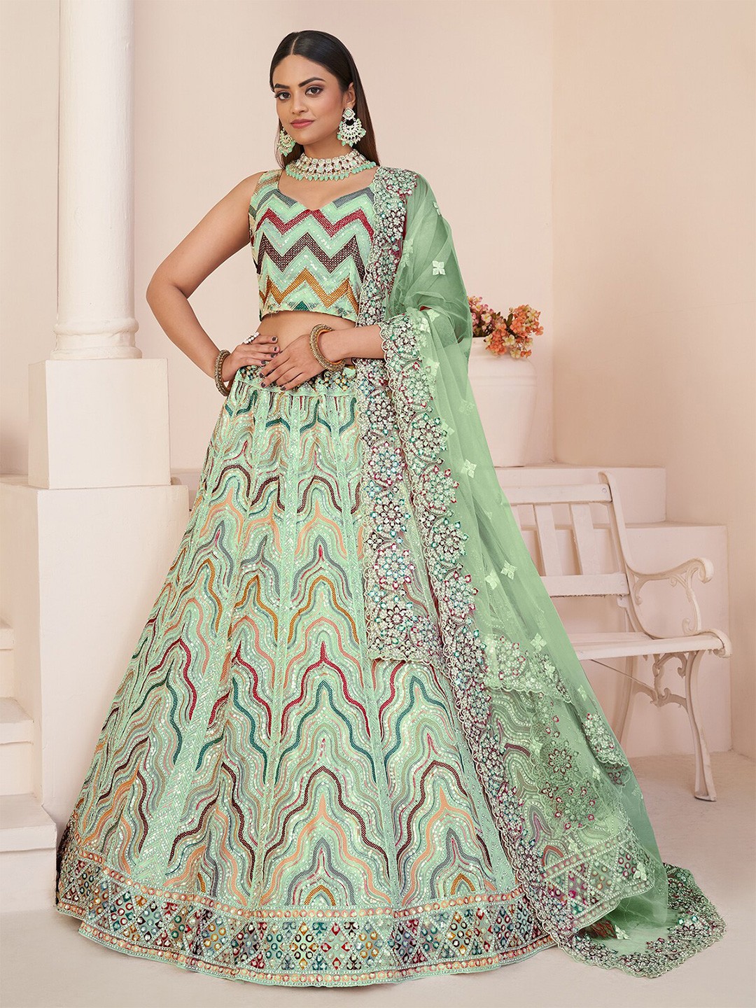 

ODETTE Embroidered Thread Work Semi-Stitched Lehenga & Unstitched Blouse With Dupatta, Green