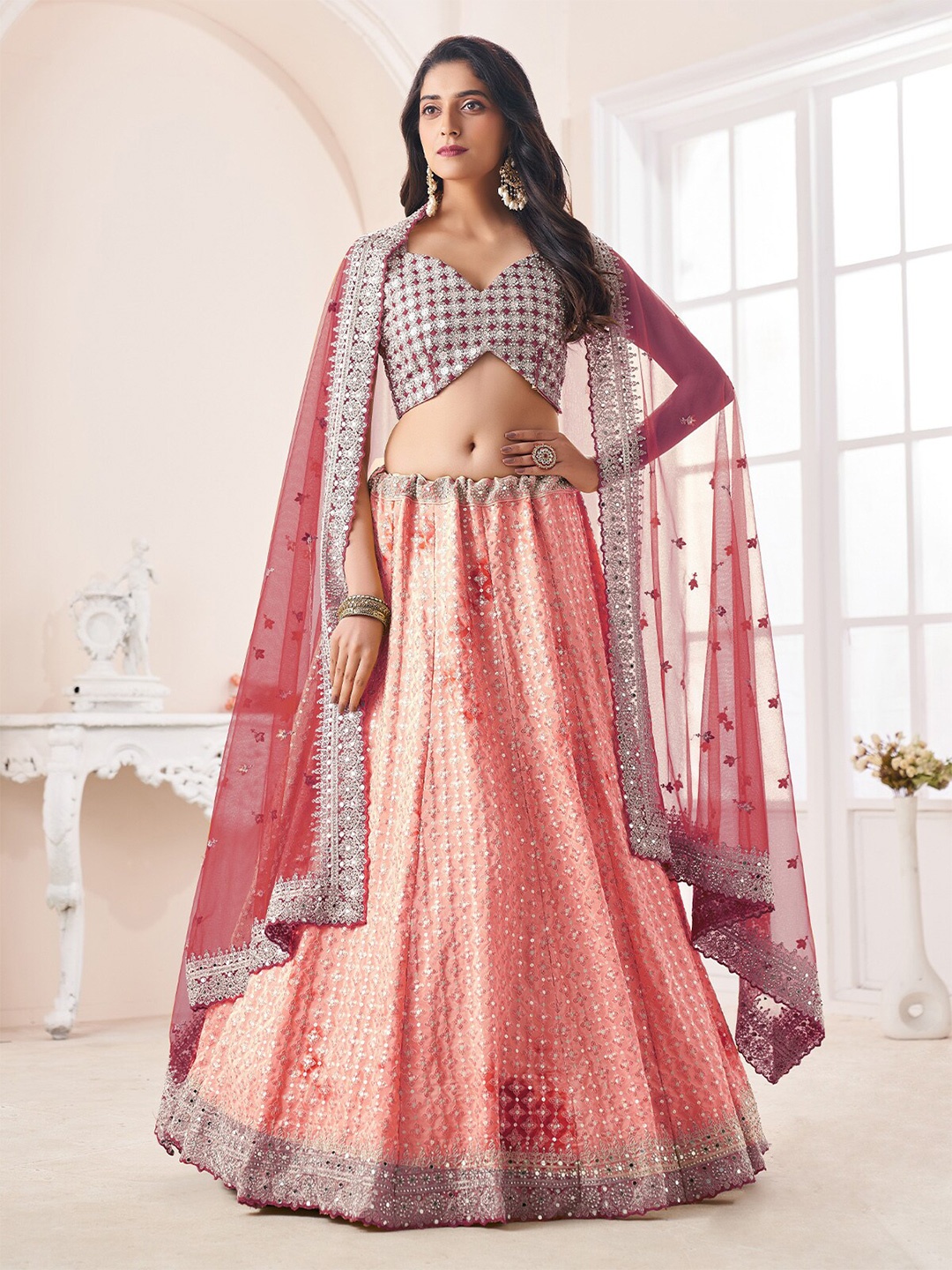 

ODETTE Embroidered Semi-Stitched Lehenga & Unstitched Blouse With Dupatta, Peach