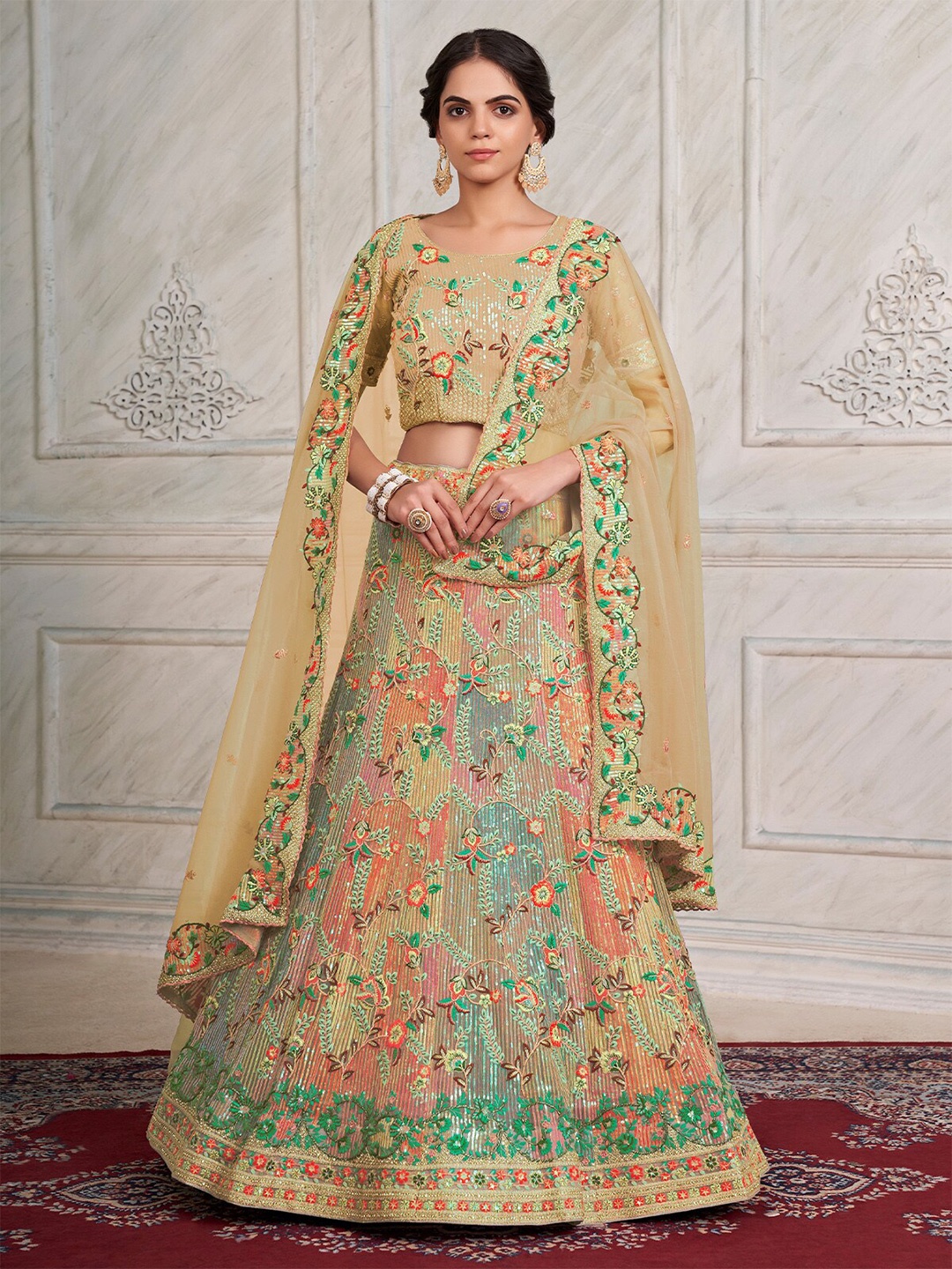 

ODETTE Embroidered Sequinned Net Semi Stitched Lehenga & Unstitched Blouse With Dupatta, Beige