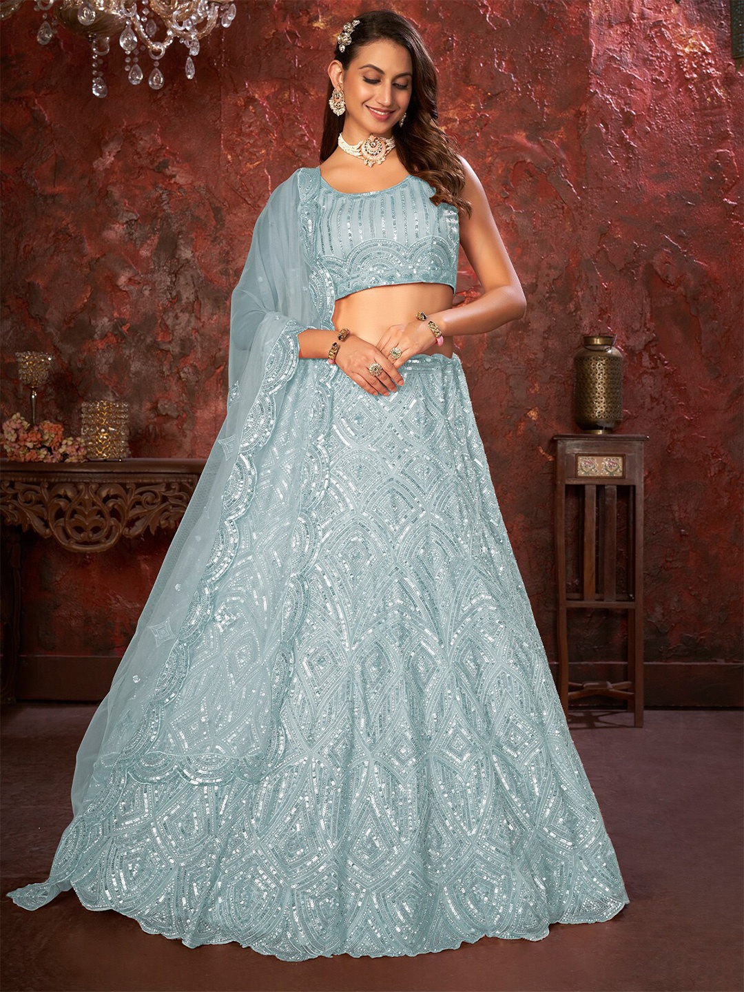 

ODETTE Embellished Sequinned Semi-Stitched Lehenga & Unstitched Blouse With Dupatta, Blue