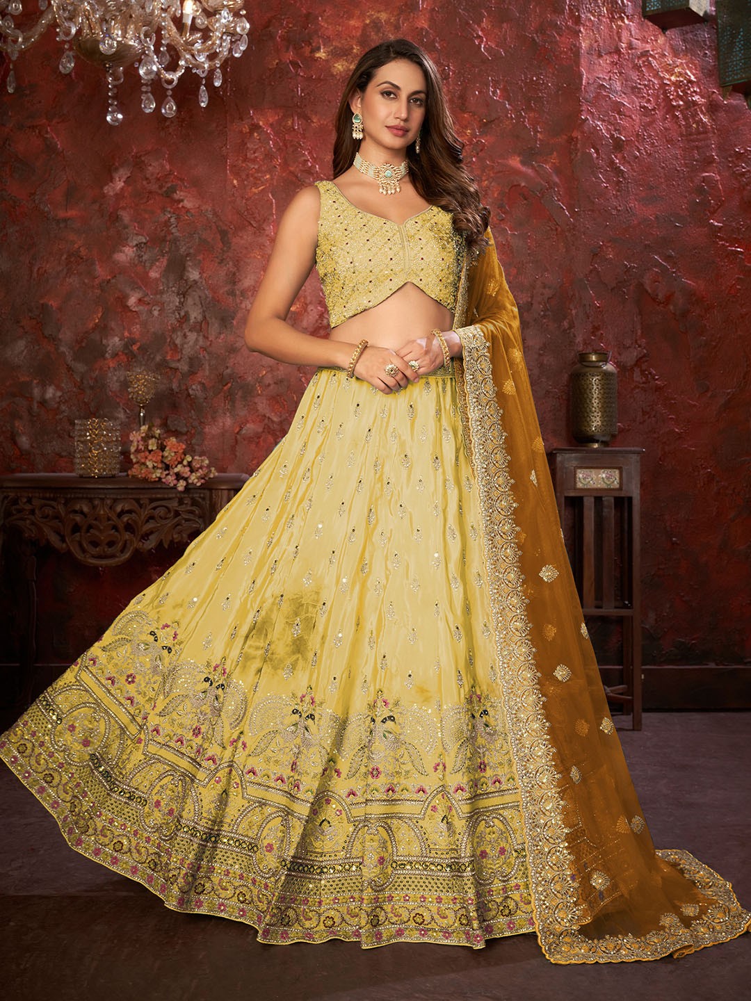 

ODETTE Embellished Sequinned Semi-Stitched Lehenga & Unstitched Blouse With Dupatta, Yellow
