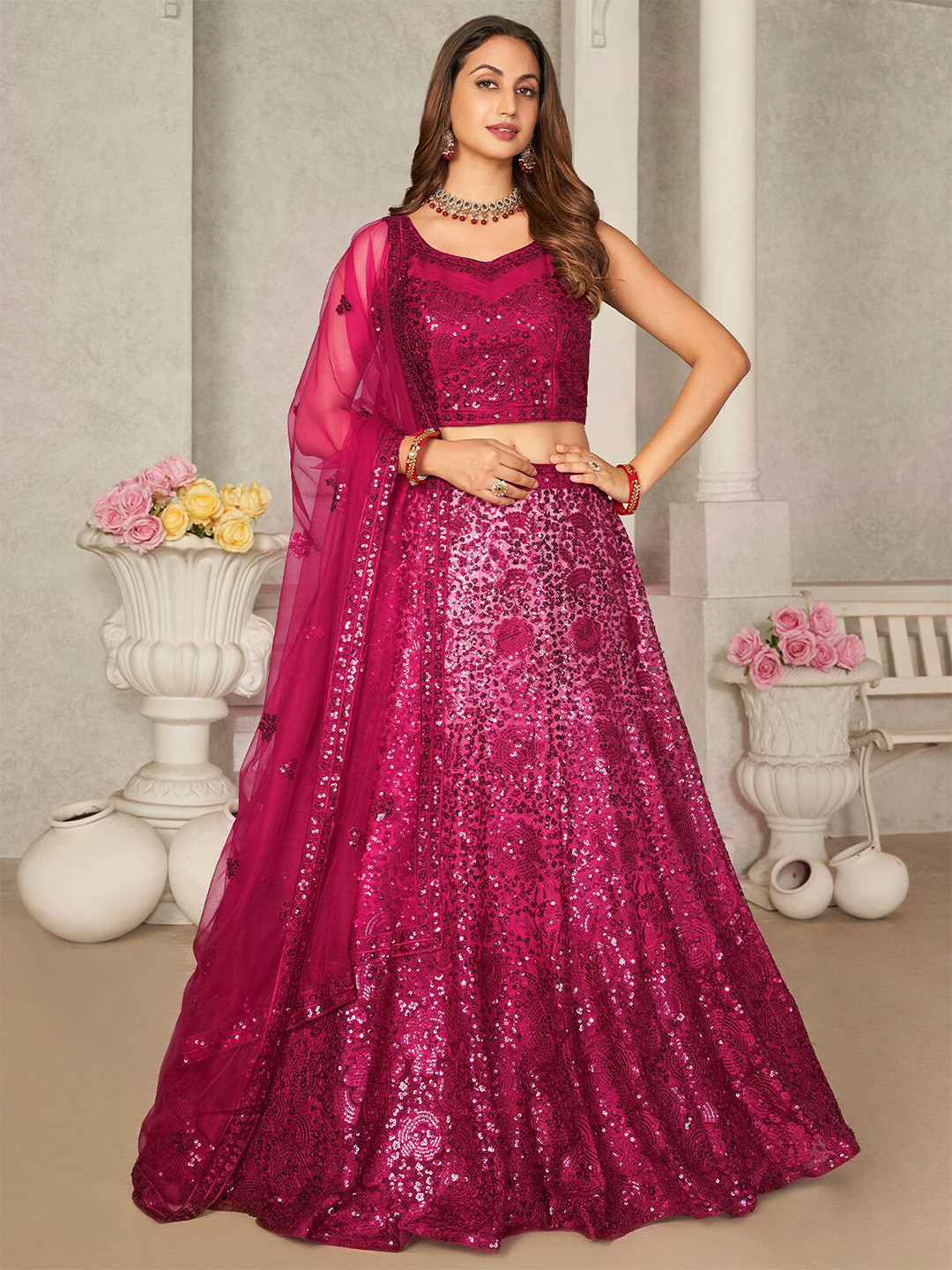 

ODETTE Embroidered Sequinned Semi-Stitched Lehenga & Unstitched Blouse With Dupatta, Pink