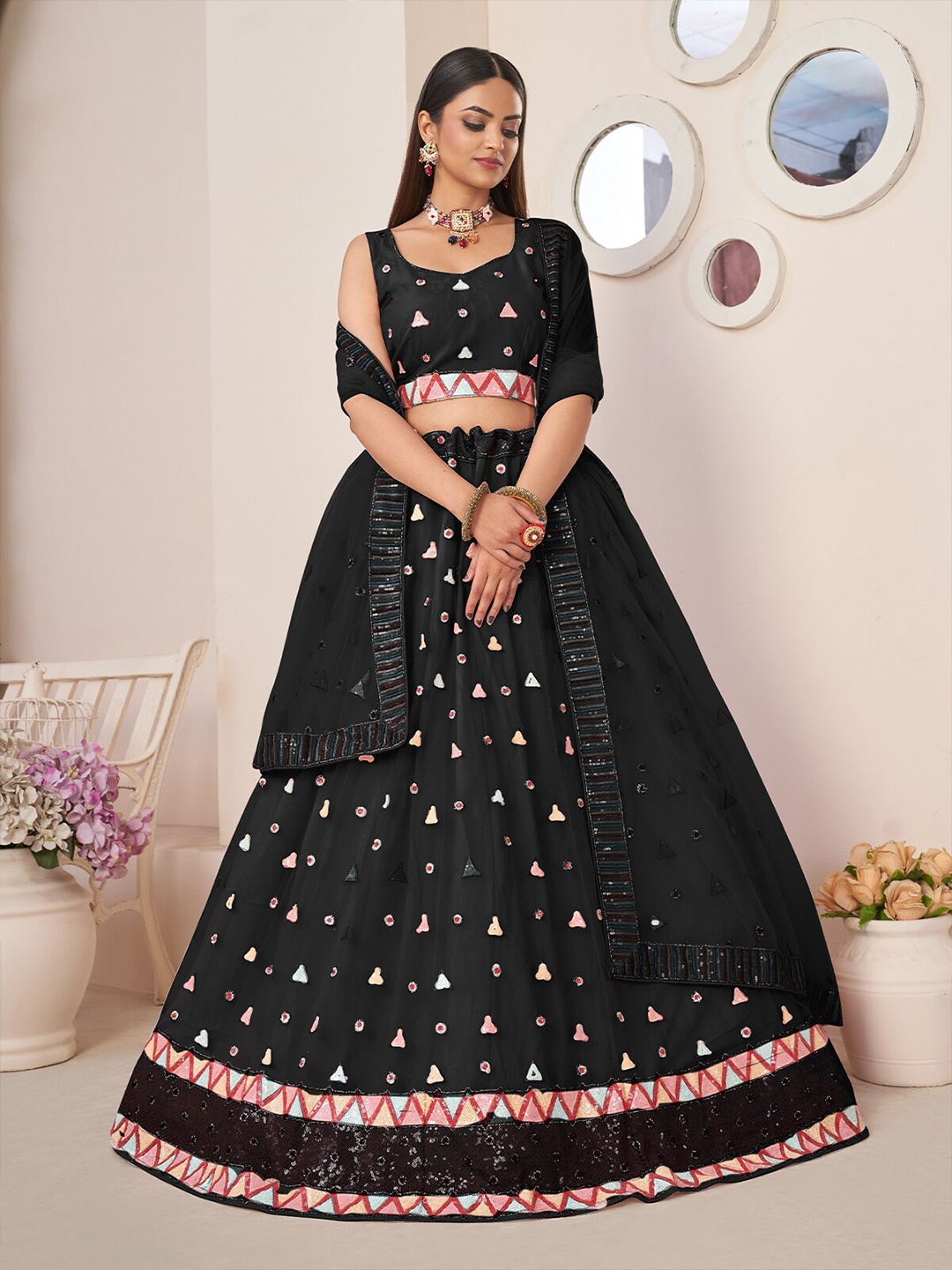 

ODETTE Embellished Sequinned Semi-Stitched Lehenga & Unstitched Blouse With Dupatta, Black