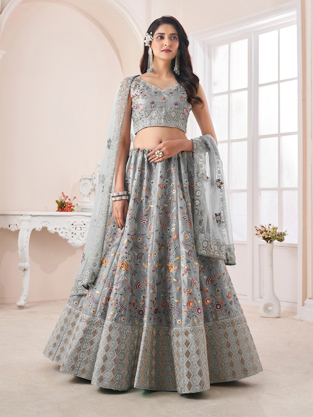 

ODETTE Embroidered Sequinned Net Semi Stitched Lehenga & Unstitched Blouse With Dupatta, Grey