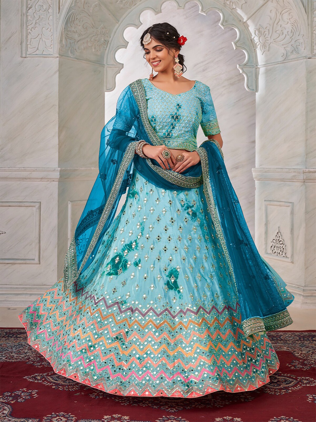 

ODETTE Embroidered Thread Work Semi-Stitched Lehenga & Unstitched Blouse With Dupatta, Blue