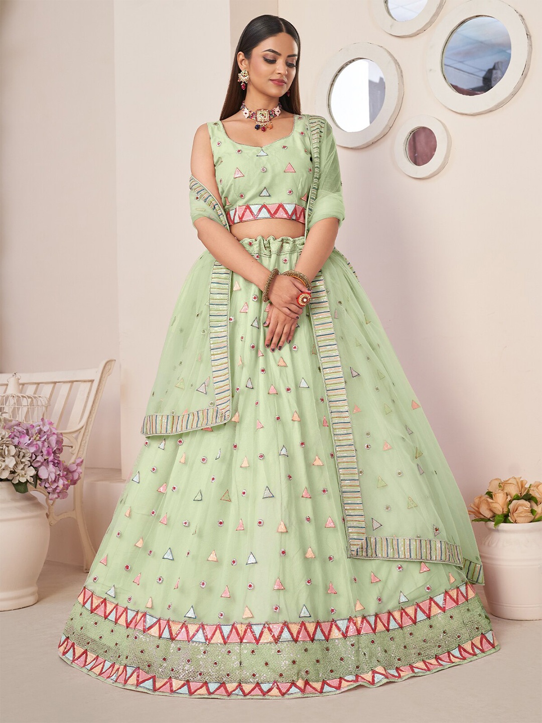 

ODETTE Embellished Semi-Stitched Lehenga & Unstitched Blouse With Dupatta, Green