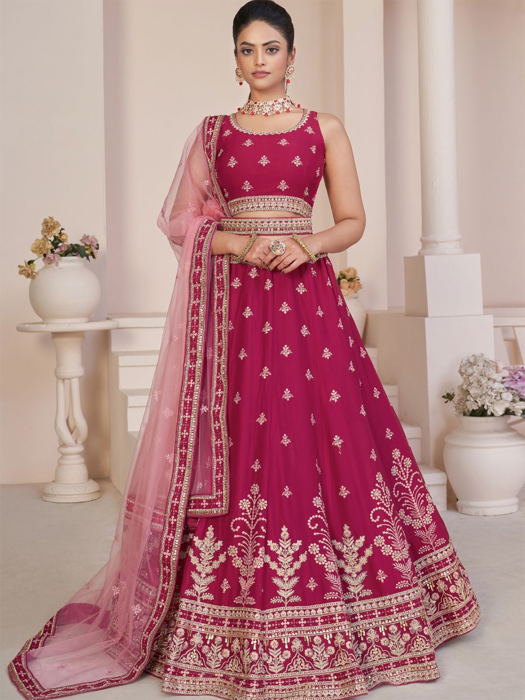 

ODETTE Embroidered Thread Work Semi-Stitched Lehenga & Unstitched Blouse With Dupatta, Pink