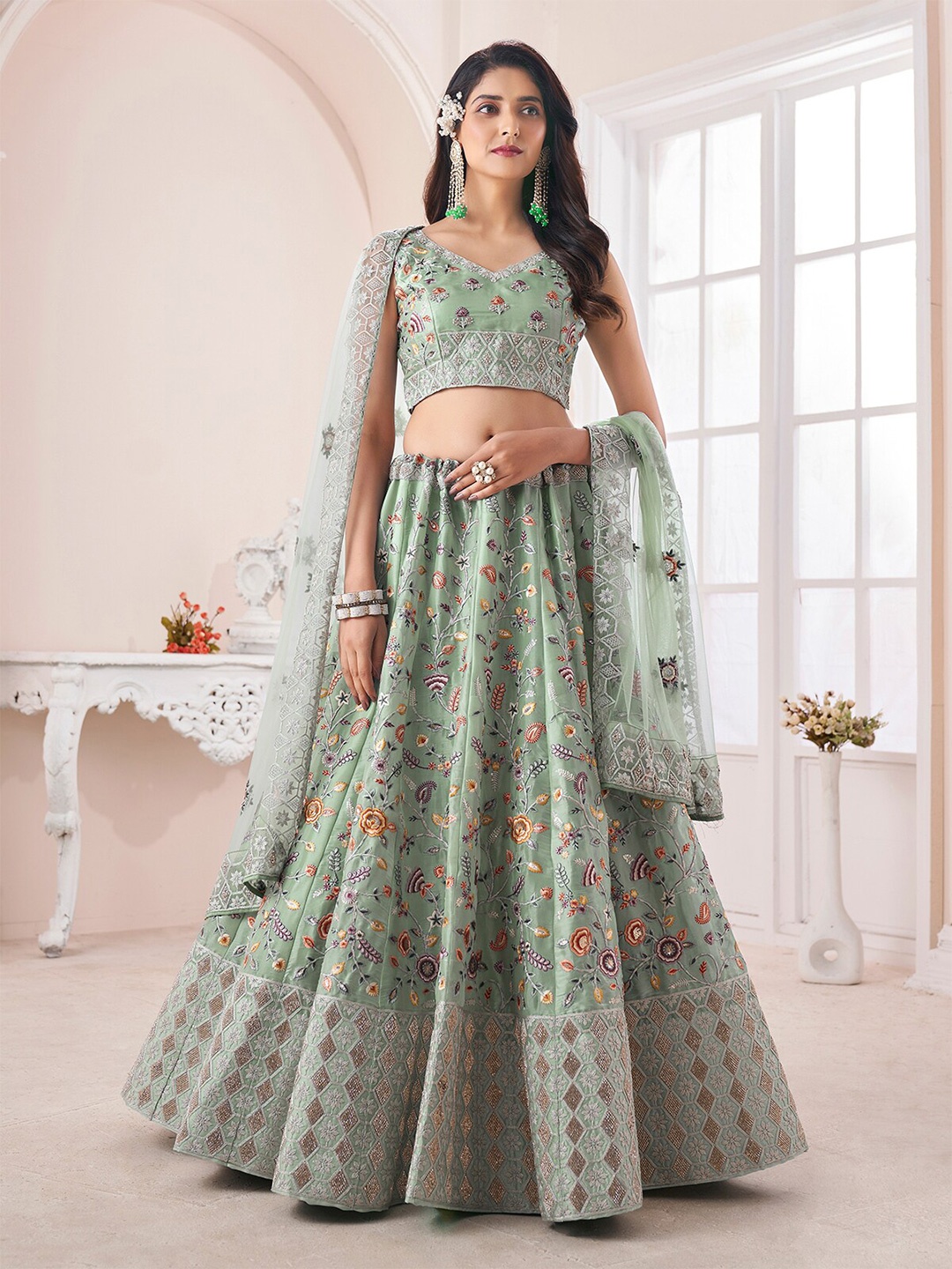 

ODETTE Embroidered Net Semi Stitched Lehenga & Unstitched Blouse With Dupatta, Green