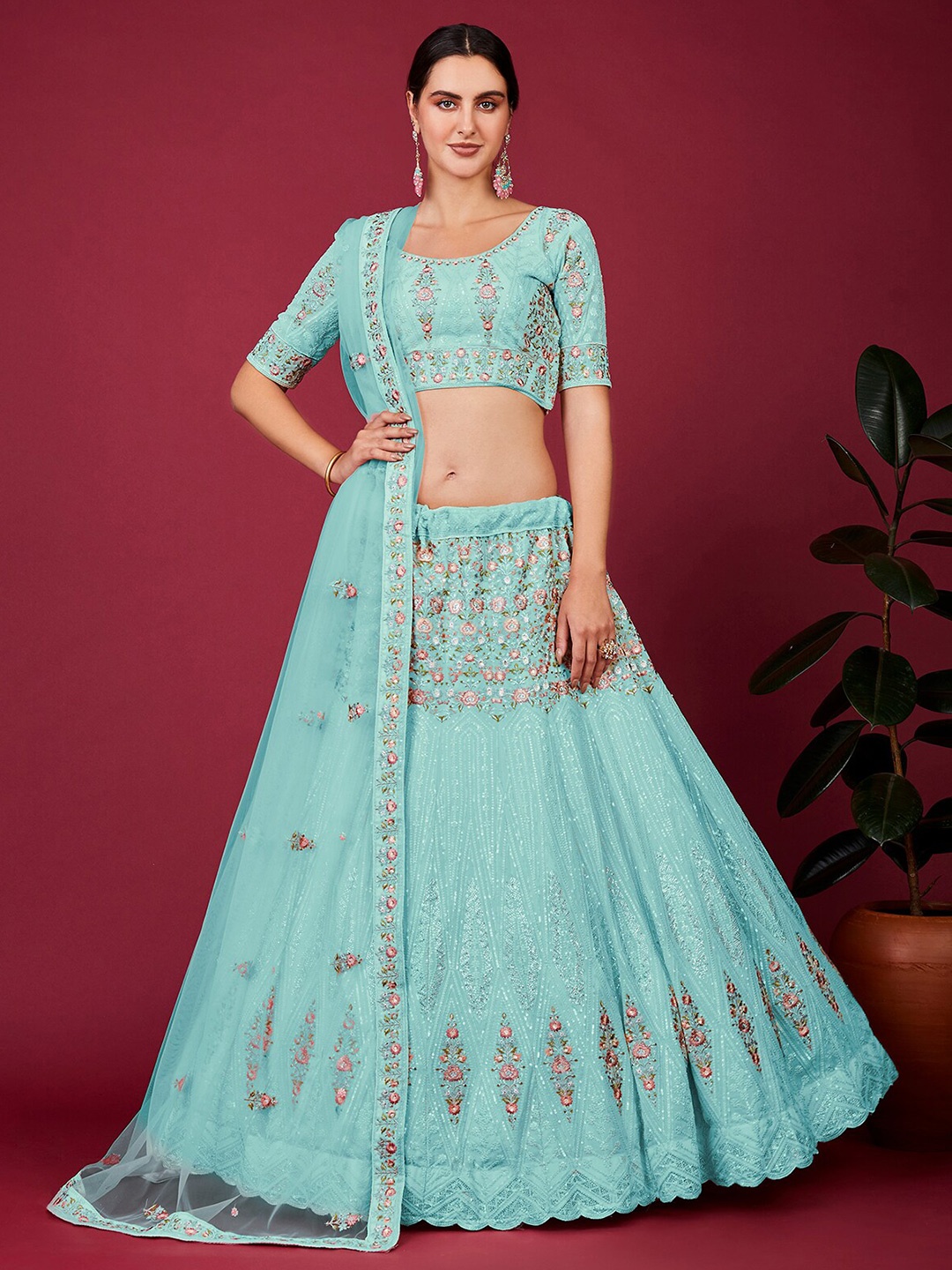 

ODETTE Embroidered Sequinned Semi Stitched Lehenga & Unstitched Blouse With Dupatta, Blue