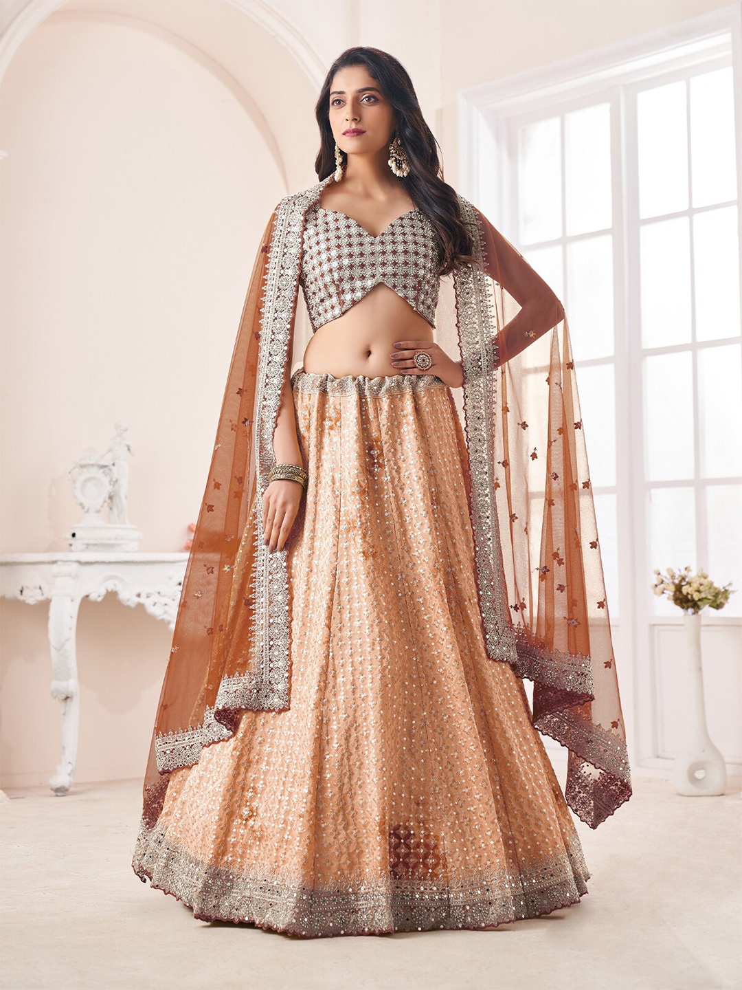 

ODETTE Embroidered Beads and Stones Semi-Stitched Lehenga & Unstitched Blouse With Dupatta, Beige