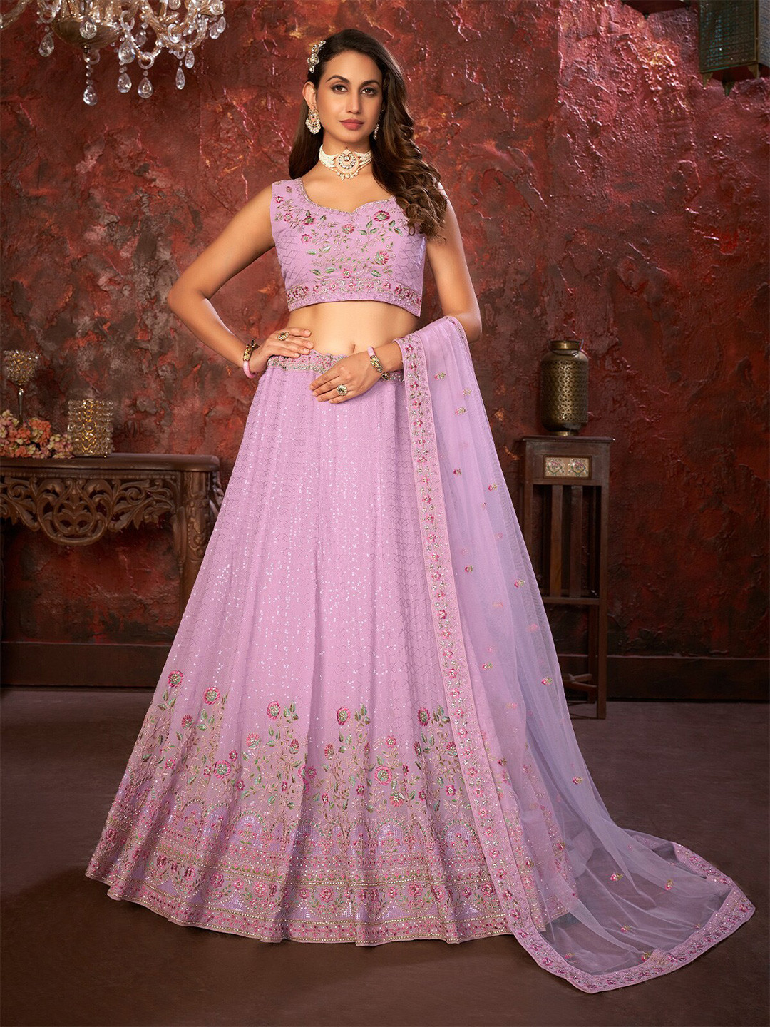 

ODETTE Embellished Sequinned Semi-Stitched Lehenga & Unstitched Blouse With Dupatta, Purple