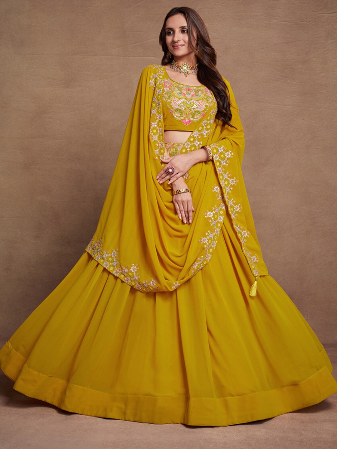 

ODETTE Embroidered Semi-Stitched Lehenga & Unstitched Blouse With Dupatta, Mustard
