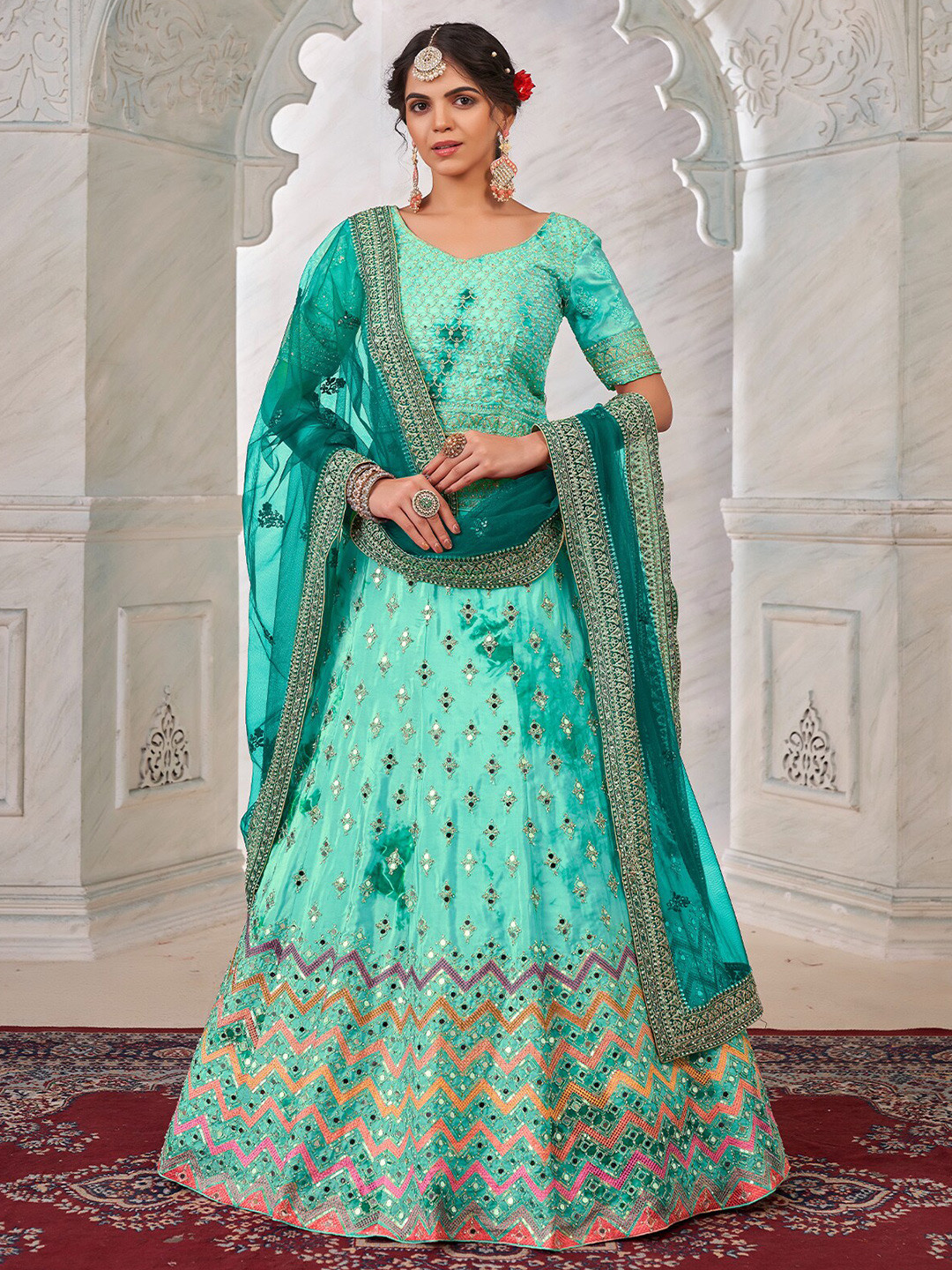 

ODETTE Embroidered Sequinned Semi-Stitched Lehenga & Unstitched Blouse With Dupatta, Sea green