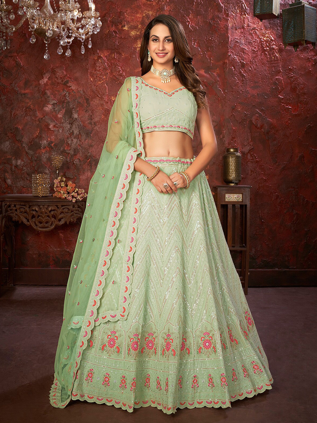 

ODETTE Embellished Sequinned Semi-Stitched Lehenga & Unstitched Blouse With Dupatta, Green