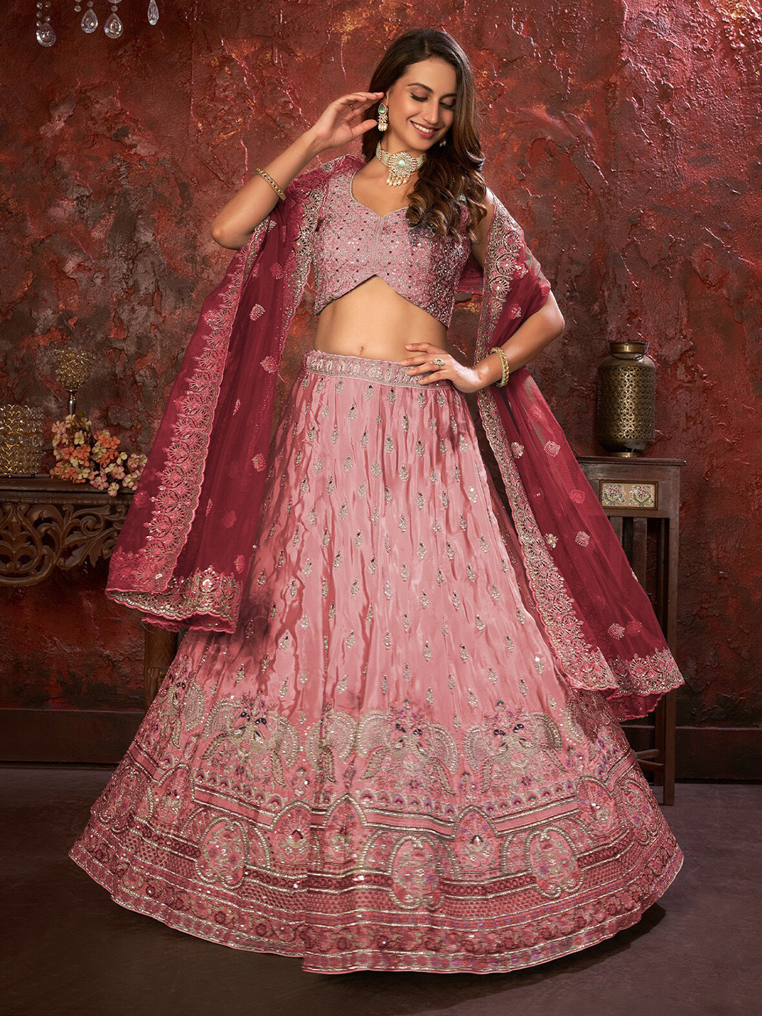 

ODETTE Embellished Sequinned Semi-Stitched Lehenga & Unstitched Blouse With Dupatta, Pink