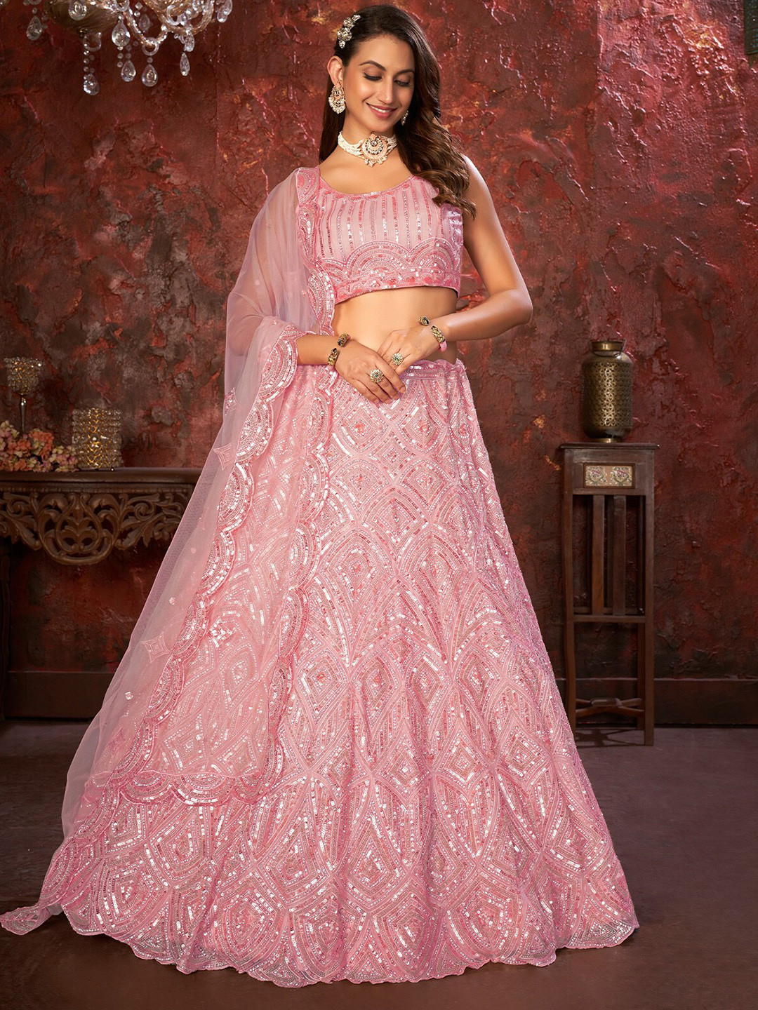 

ODETTE Embellished Sequinned Semi-Stitched Lehenga & Unstitched Blouse With Dupatta, Pink