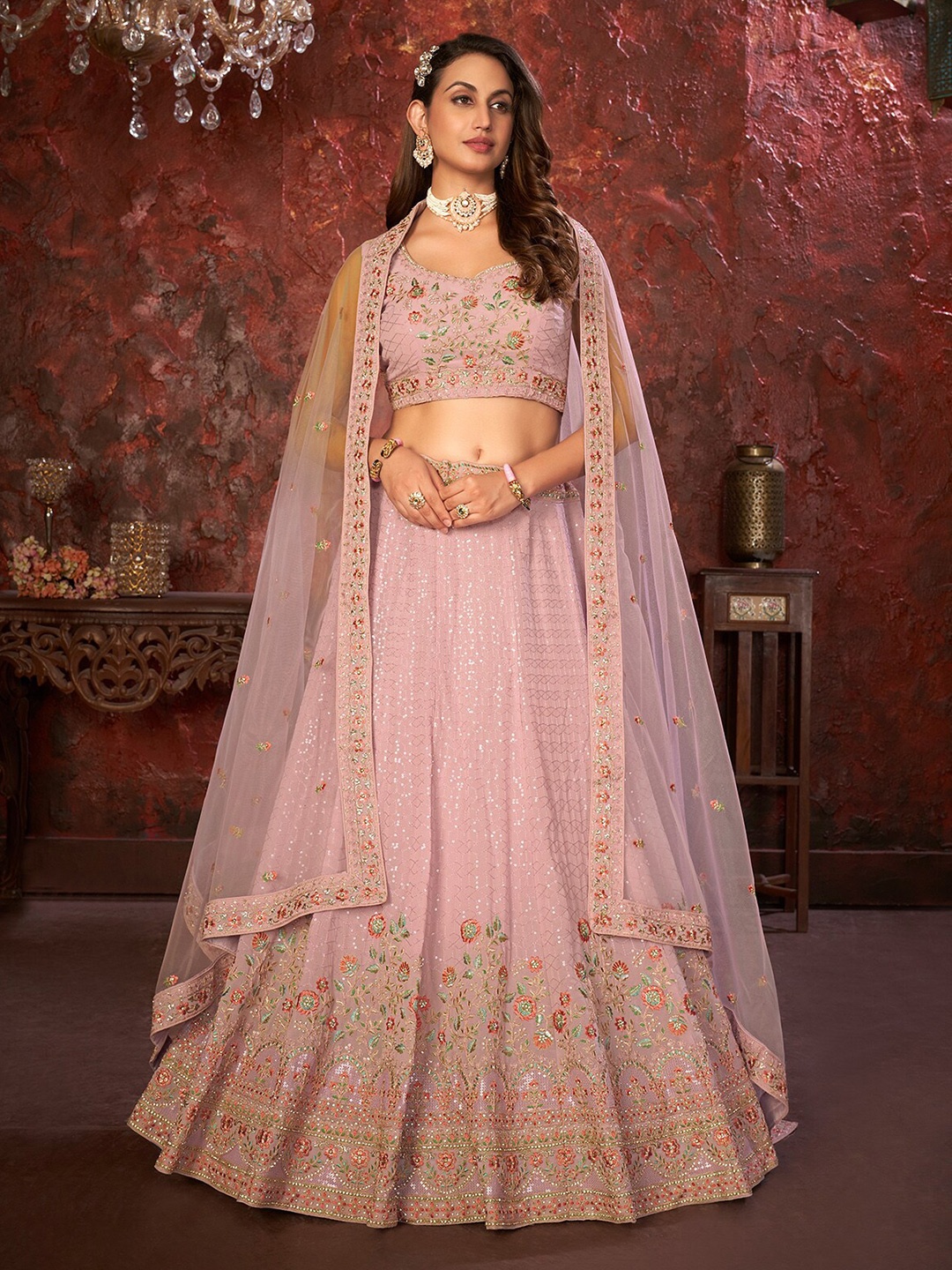 

ODETTE Embroidered Sequinned Semi-Stitched Lehenga & Unstitched Blouse With Dupatta, Pink