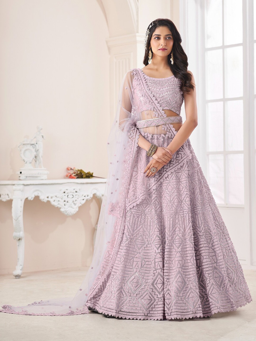 

ODETTE Embellished Semi-Stitched Lehenga & Unstitched Blouse With Dupatta, Purple