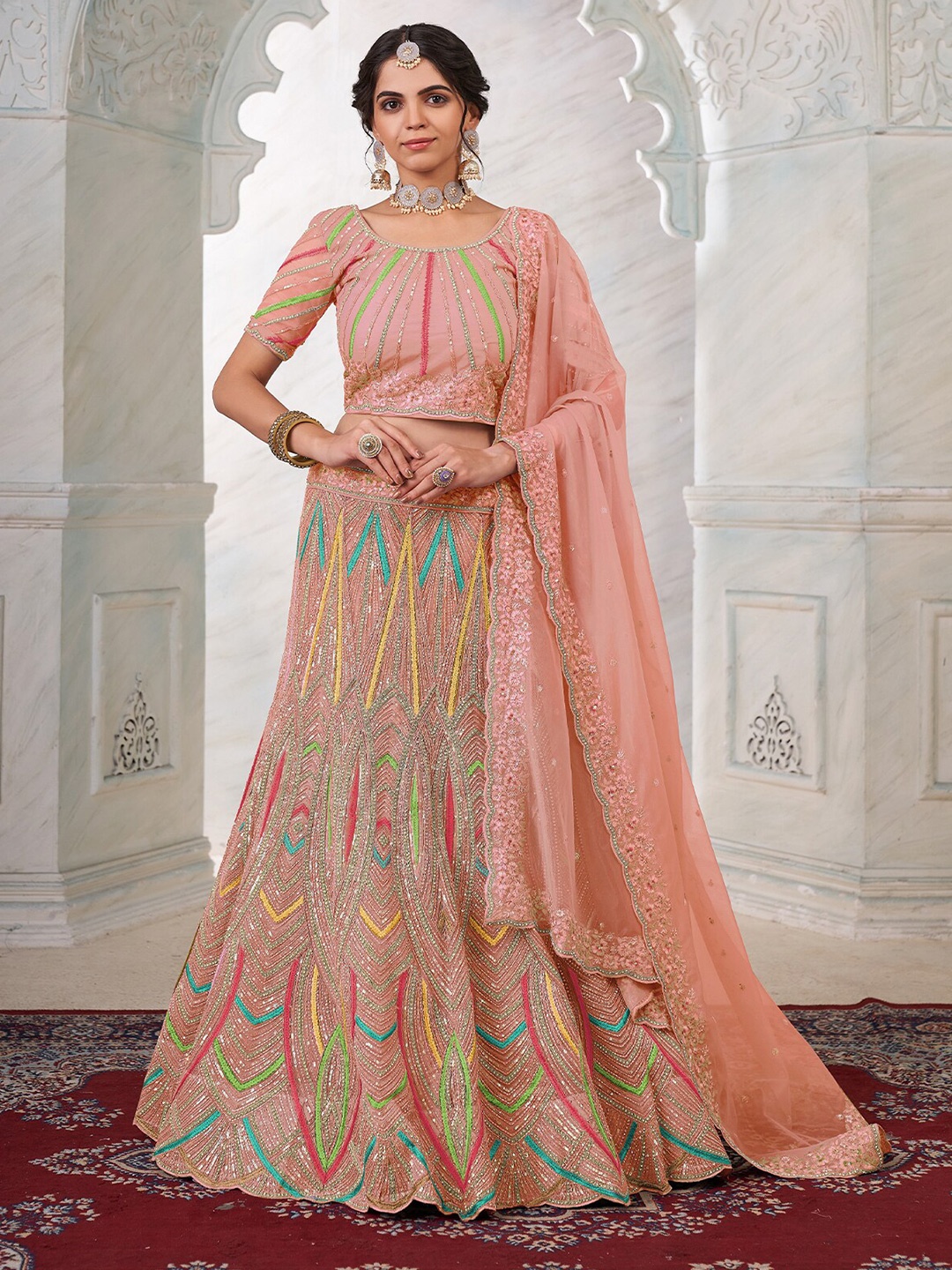 

ODETTE Embellished Sequinned Semi-Stitched Lehenga & Unstitched Blouse With Dupatta, Peach