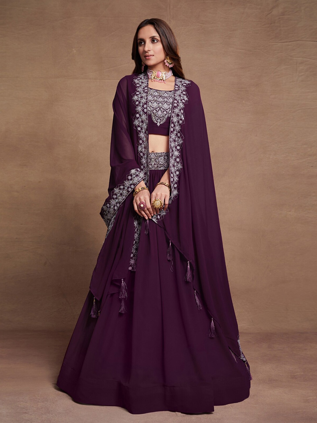 

ODETTE Embroidered Semi-Stitched Lehenga & Unstitched Blouse With Dupatta, Purple