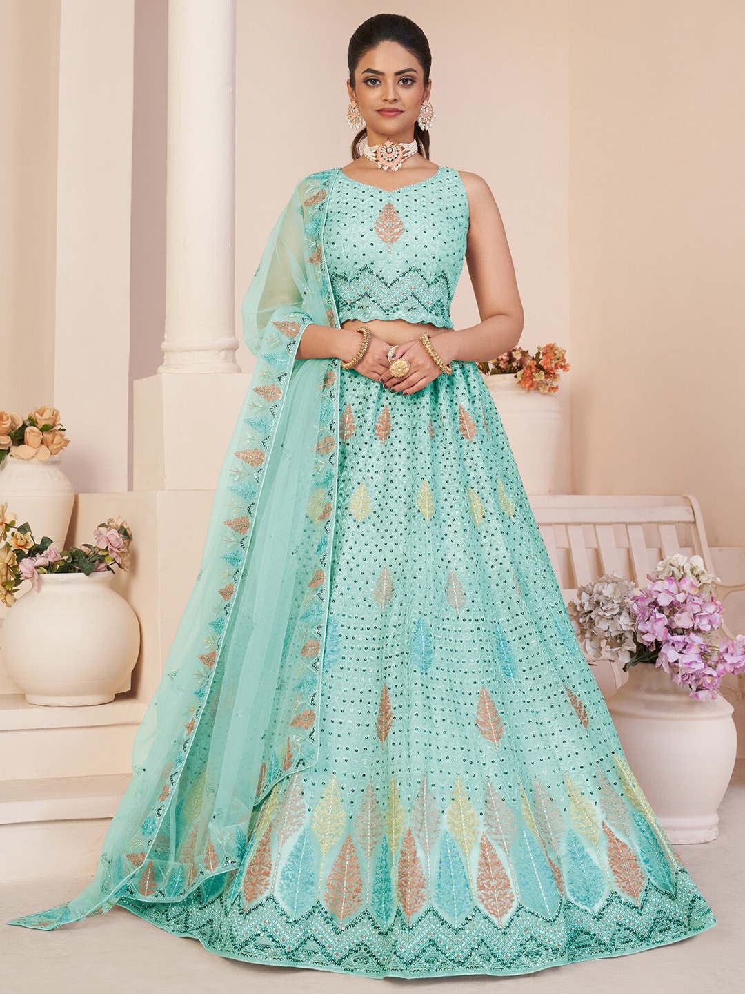 

ODETTE Embroidered Semi-Stitched Lehenga & Unstitched Blouse With Dupatta, Blue